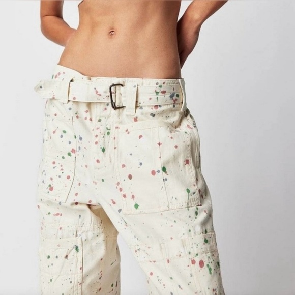 Free People Painter Pants In Ivory Size 8 Utility Paint Splatter Lounge Y2K - Picture 4 of 9